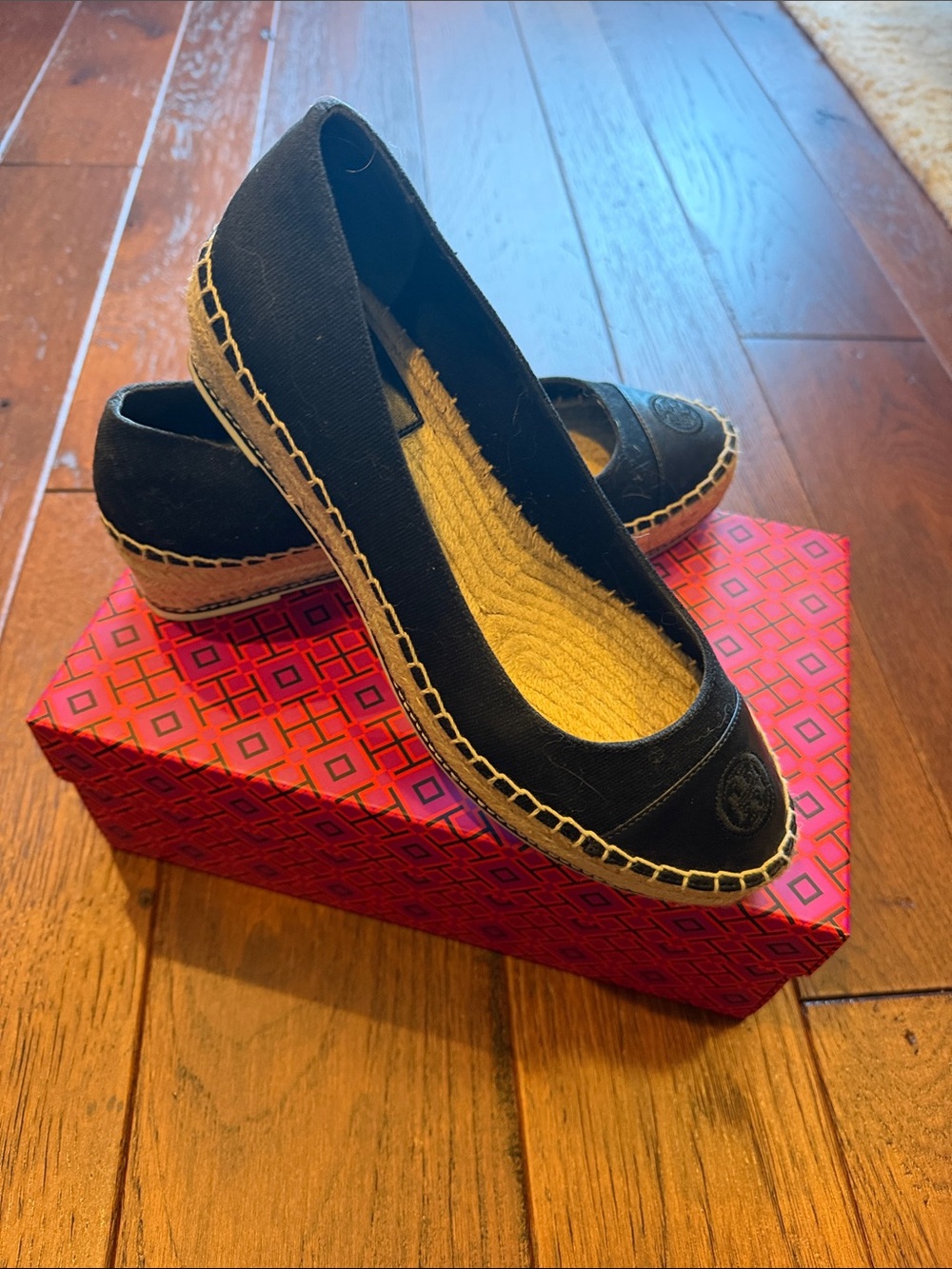 Tory Burch Black Canvas Espadrille Flats with Jute Trim
